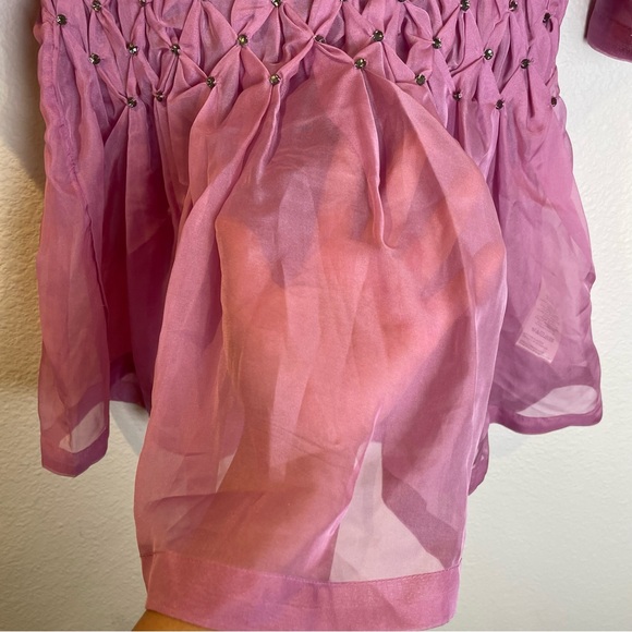 NWT Anthropologie Maeve Rhinestone Smock Sheer Babydoll Bow Top Pink Size XS - Picture 8 of 14
